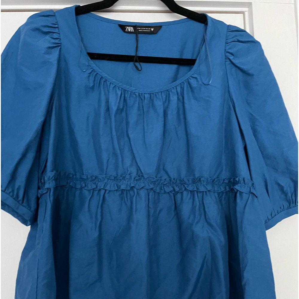 NWT Zara voluminous sleeve cobalt blue shirt. Gathered at waist with ruffle.